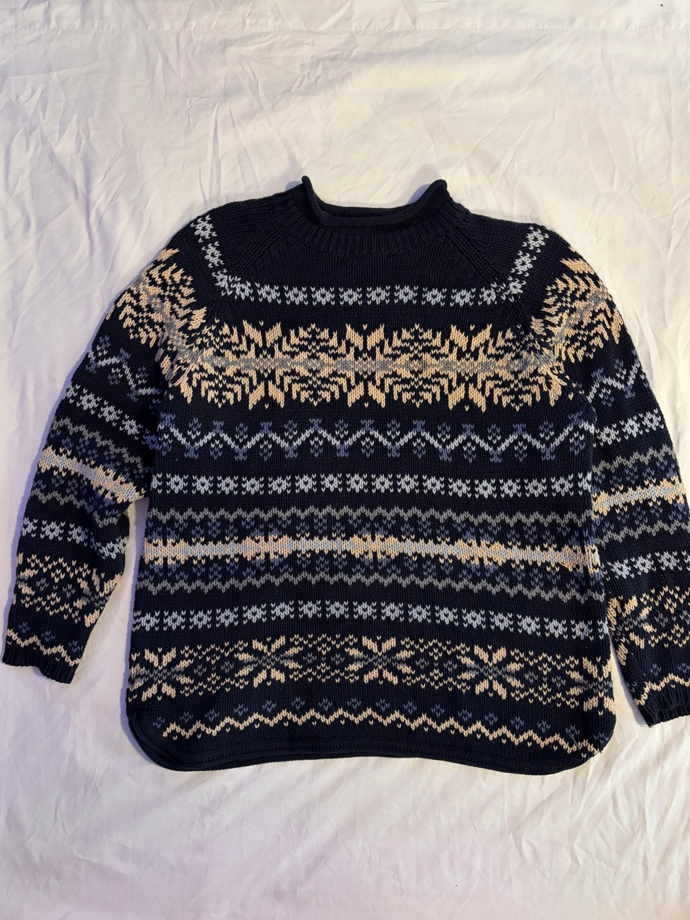 Eddie Bauer Navy Fair Isle Sweater with Cream and Light Blue Accents